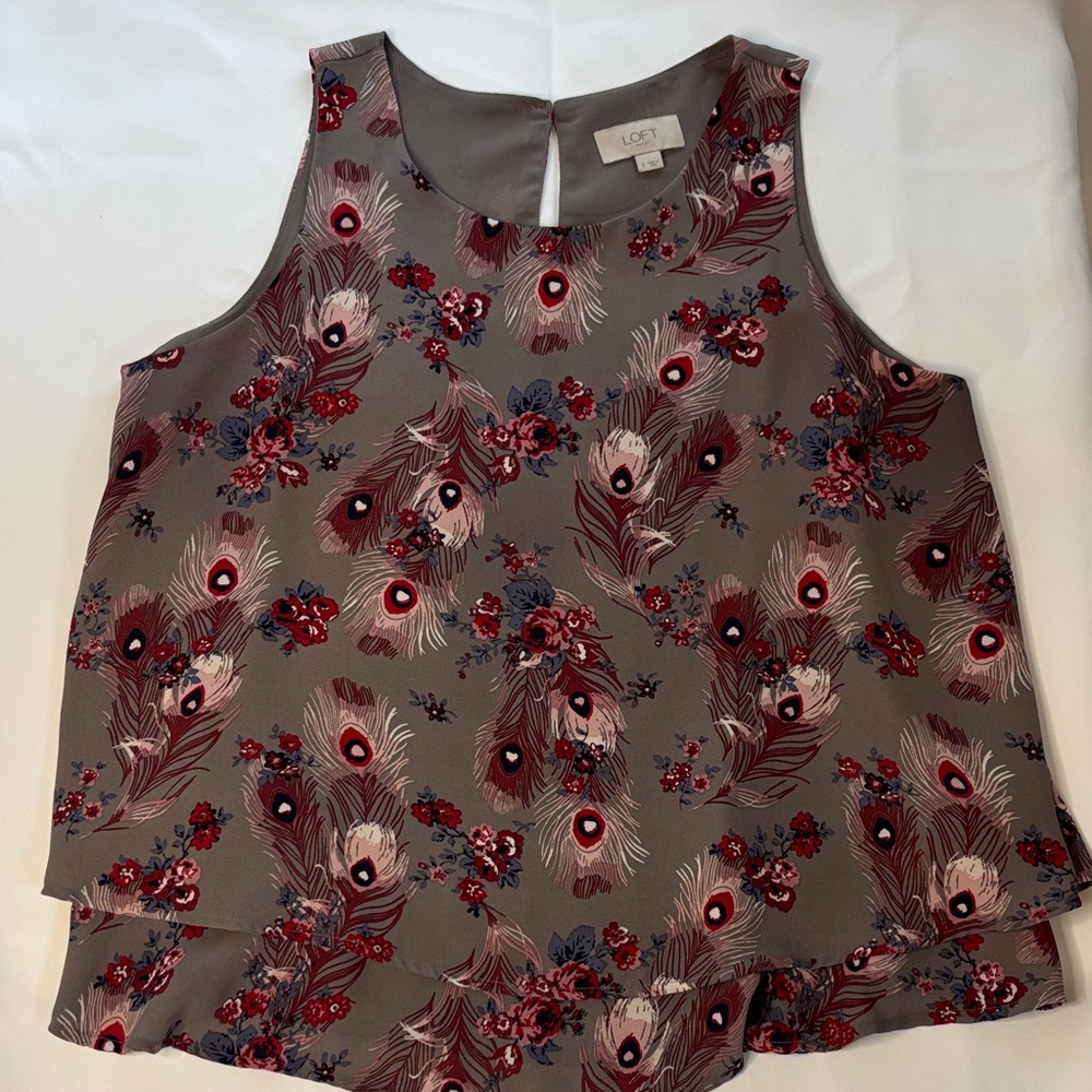 LOFT Taupe Floral Peacock Feather Shell Top